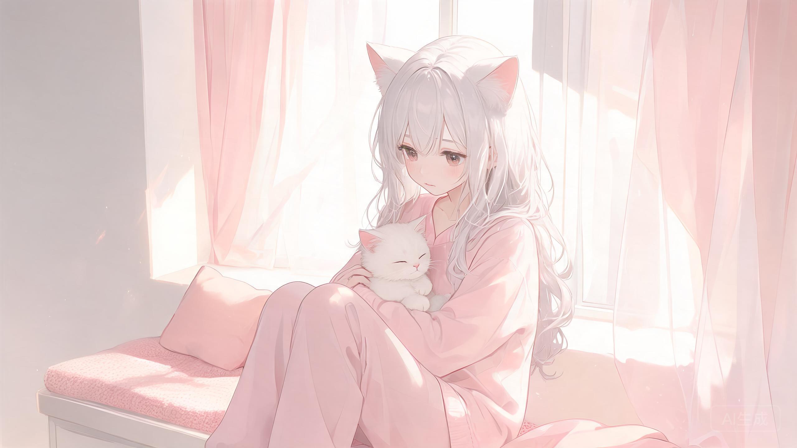 银发猫耳少女抱着猫咪的治愈系插画